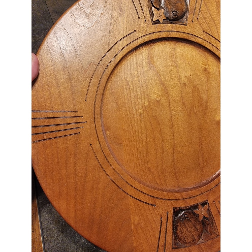 Vtg Hand Turned 14" Carved Birch Wood Platter Snack Plate Apple Carvings Signed - Picture 9 of 11